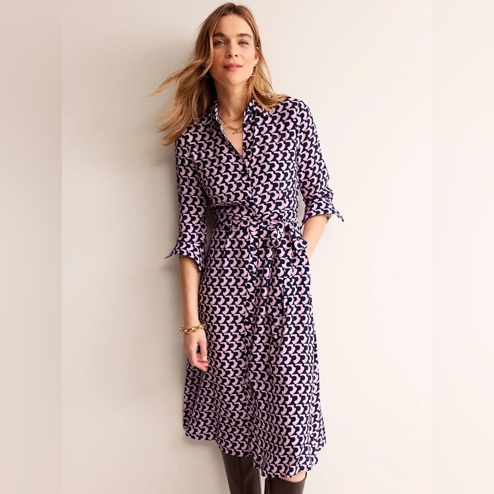 NWT Boden Kate Midi Belted Dress in Pink Orchid Arch Geo Size 4P